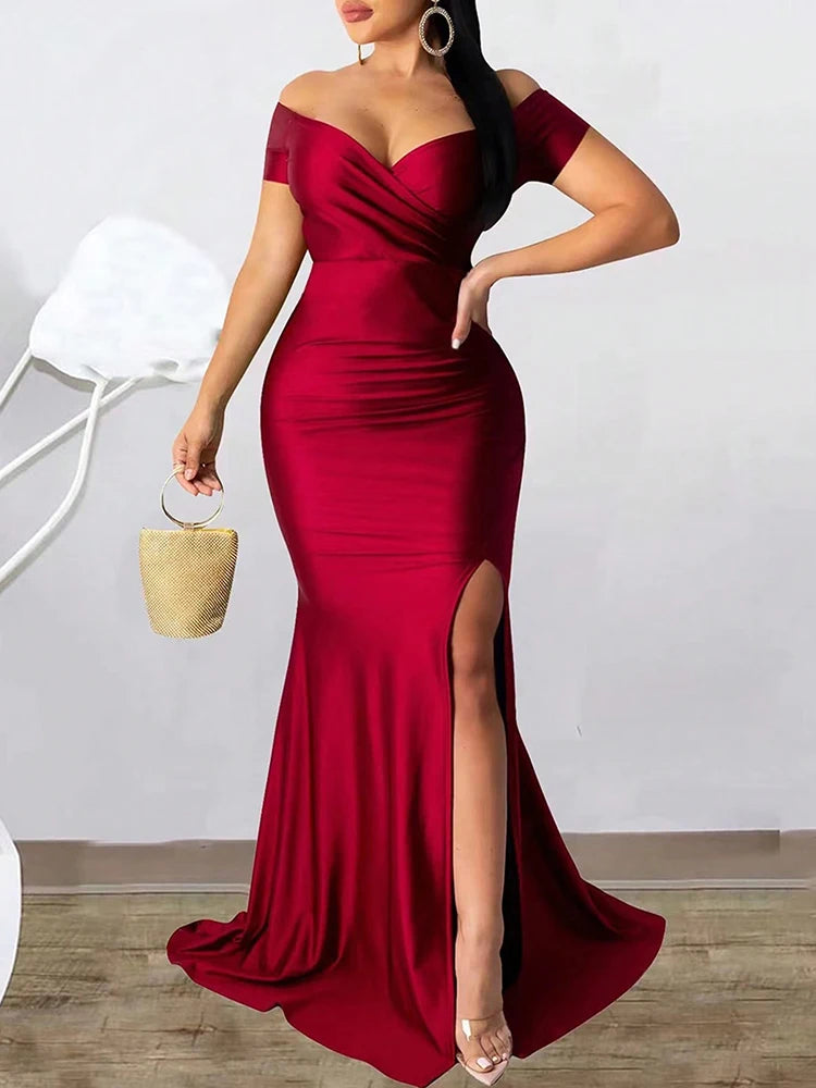 Classic High Slit Evening Dress Women Solid Maxi Long Dresses With Sleeves Wedding Bridesmaid Elegant Party Dresses 2025 Woman Good Vibrations