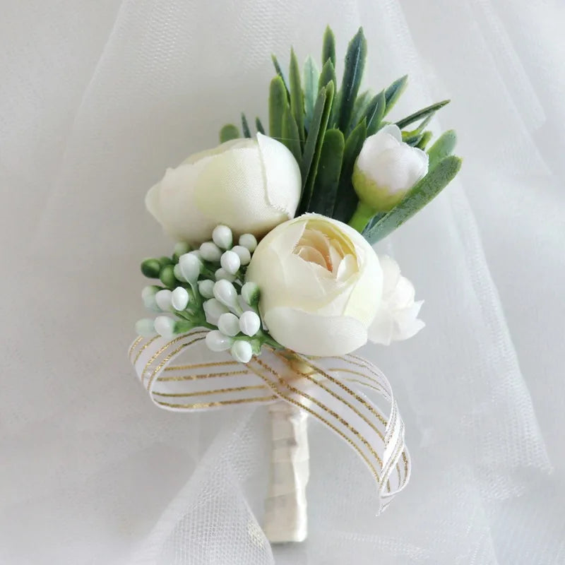 Boutonniere Flowers Artificial Roses Silk Ivory Corsage Buttonhole Groomsmen Boutonniere for Men Wedding Accessories Good Vibrations