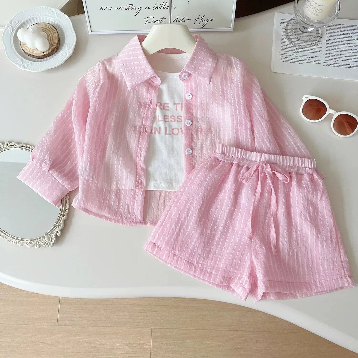 3Pcs Girls Clothing Sets Summer Cool Blouse Shirt+shorts+T-shirt Children Clothes Suits New Kids Outfits Set 2-7Yrs Good Vibrations