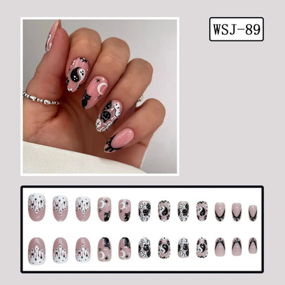 24pcs Pink Long Coffin Fake Nail Tips Halloween Ghost Bat Print Press on Nail Wearable Detachable European Long False Nails Good Vibrations