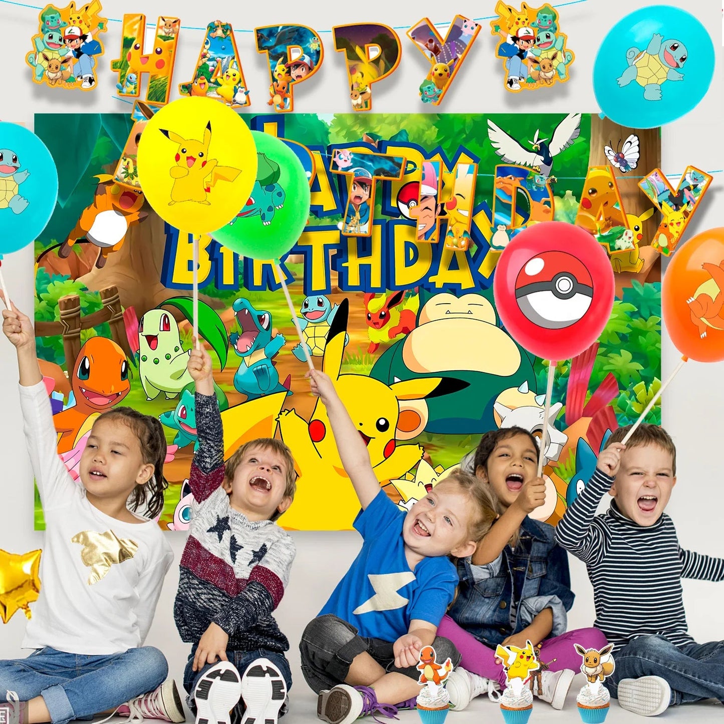 Pokemon Party Decorations, 38 Pcs Pokemon Birthday Decorations - Pokemon Banners Balloons Tablecloth etc Pikachu Party Supplies Good Vibrations