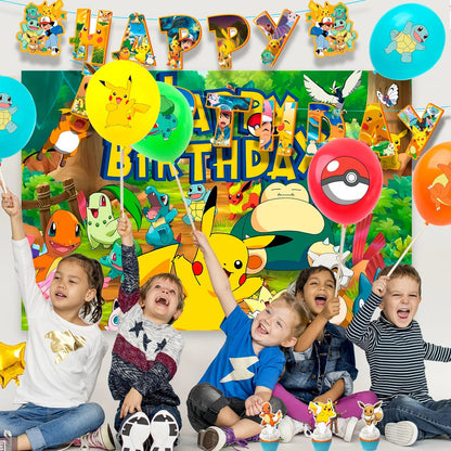 Pokemon Party Decorations, 38 Pcs Pokemon Birthday Decorations - Pokemon Banners Balloons Tablecloth etc Pikachu Party Supplies Good Vibrations