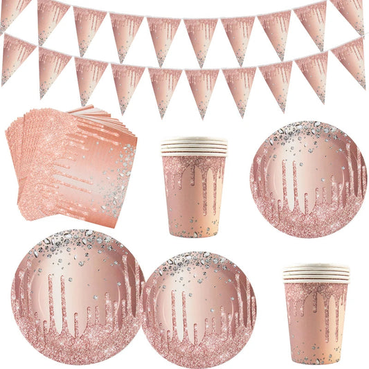 Diamond Glitter Paper Plate Napkins Rose Gold Disposable Tableware Rose Gold Wedding Birthday Party Supplies Women Party Decor Good Vibrations