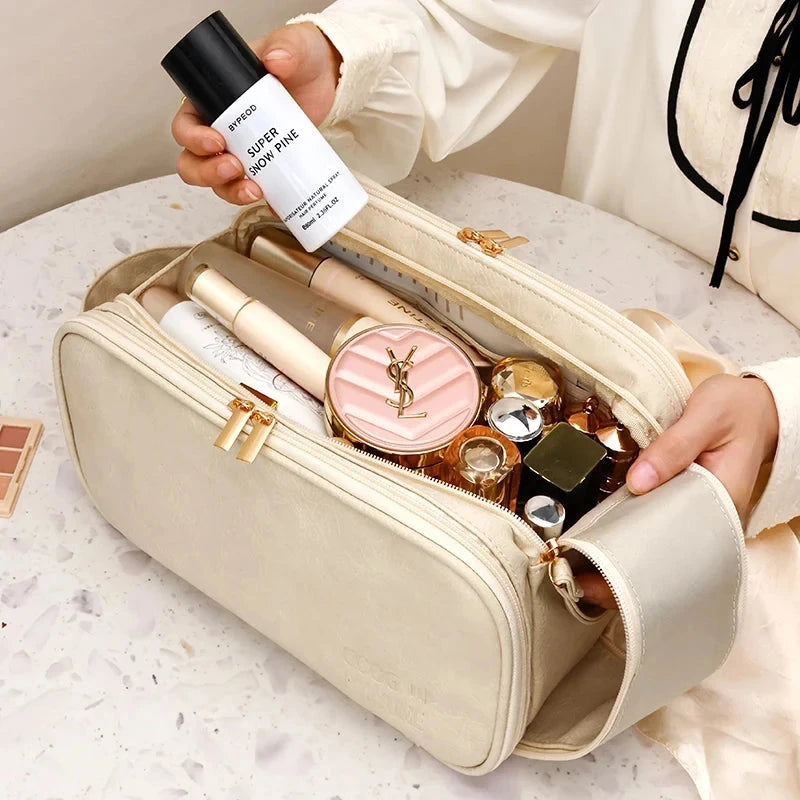 Multifunctional Makeup Bag For Women PU Leather Large Capacity Portable Double Zipper Travel Makeup Brush Toiletries Storage Bag Good Vibrations