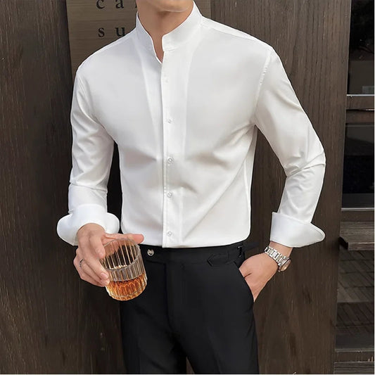 New Chinese Style Stand-Up Collar Shirt Luxury Solid Color Long Sleeve Slim Fit Elastic Casual Social Party Shirts Tuxedo 4XL-M Good Vibrations