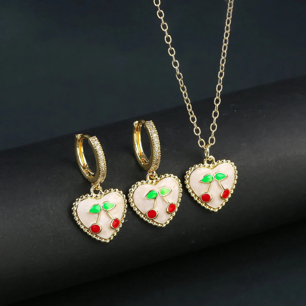 Light Luxury Crystal Zirconia Red Cherry Jewelry Set Earrings Necklace for Women Girls Sweet Jewelry Accessories Party Gifts Good Vibrations Adult Super Store