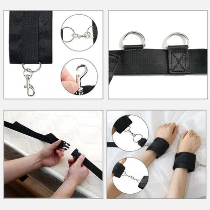 BDSM bondage restraint system with nylon handcuffs, ankle cuffs, and bed straps for couples games.