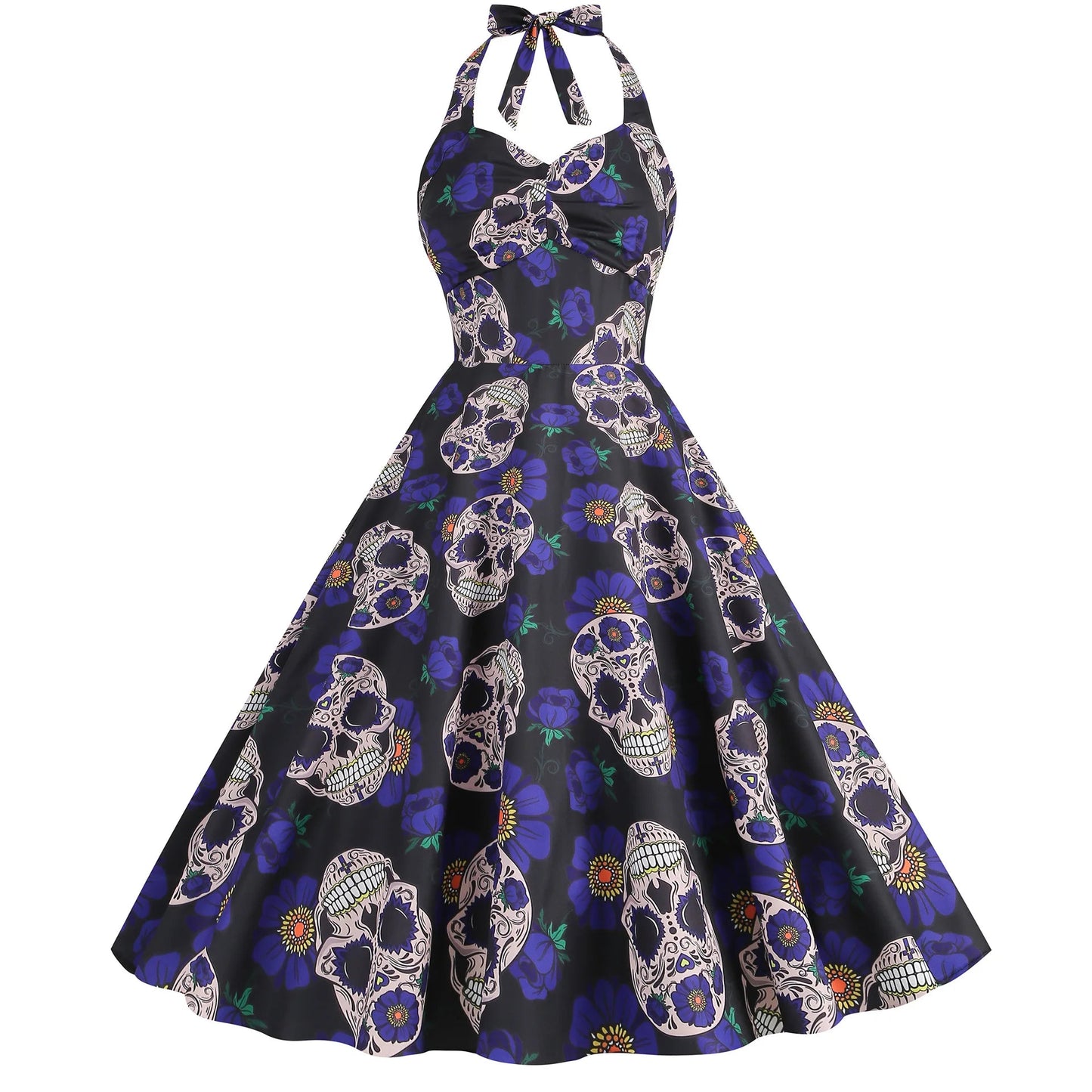 Halloween Costumes for Women Skull Print Halter Dress Sleeveless Tunic Vintage Party Dresses Goth Clothes Masquerade Vestidos Good Vibrations