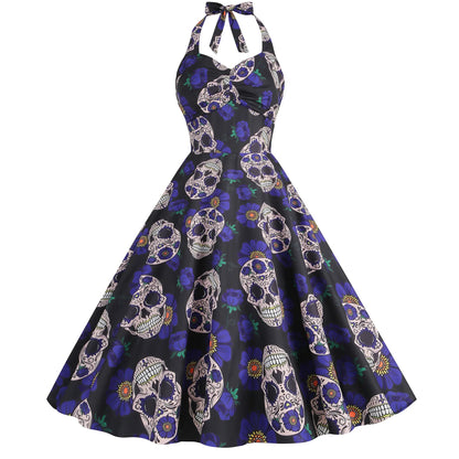 Halloween Costumes for Women Skull Print Halter Dress Sleeveless Tunic Vintage Party Dresses Goth Clothes Masquerade Vestidos Good Vibrations