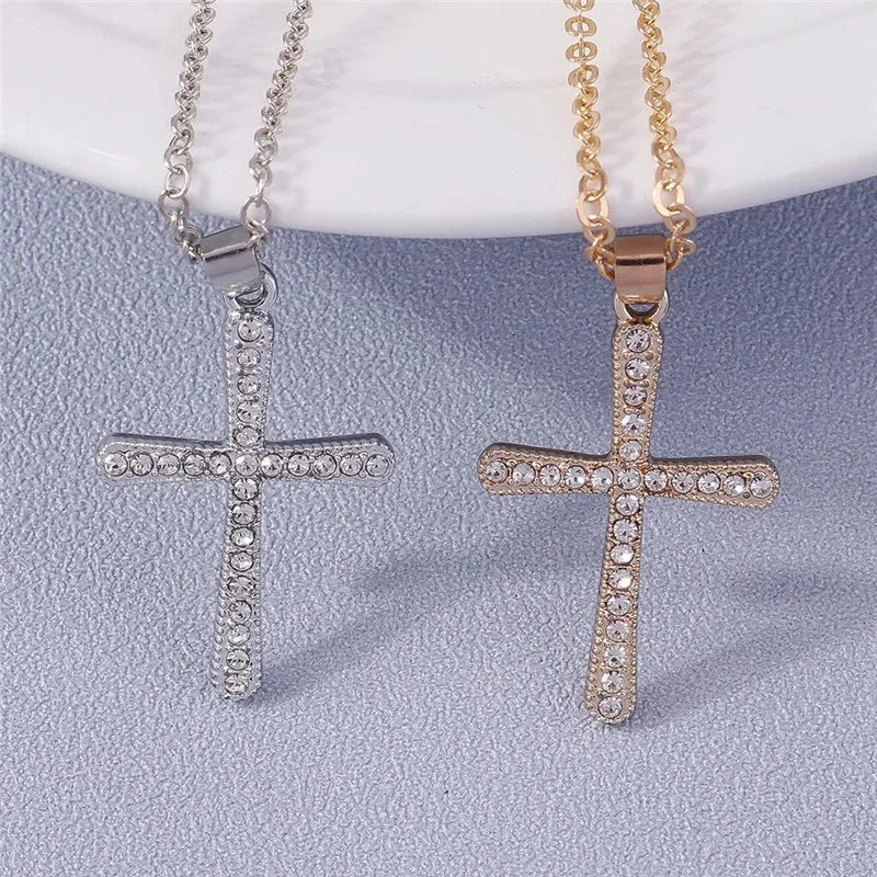 Fashion Cross Necklace for Women Men Gold Silver Color Dazzling Crystal Jesus Crucifix Necklace Christian Jewelry Wholesale Good Vibrations
