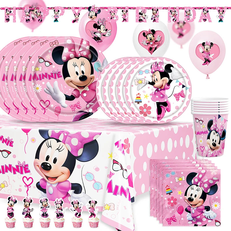 Disney Pink Minnie Mouse One Year Old Birthday Party Supplies Cup Plate Kids Girl Birthday Party Decor Disposable Tableware Set Good Vibrations