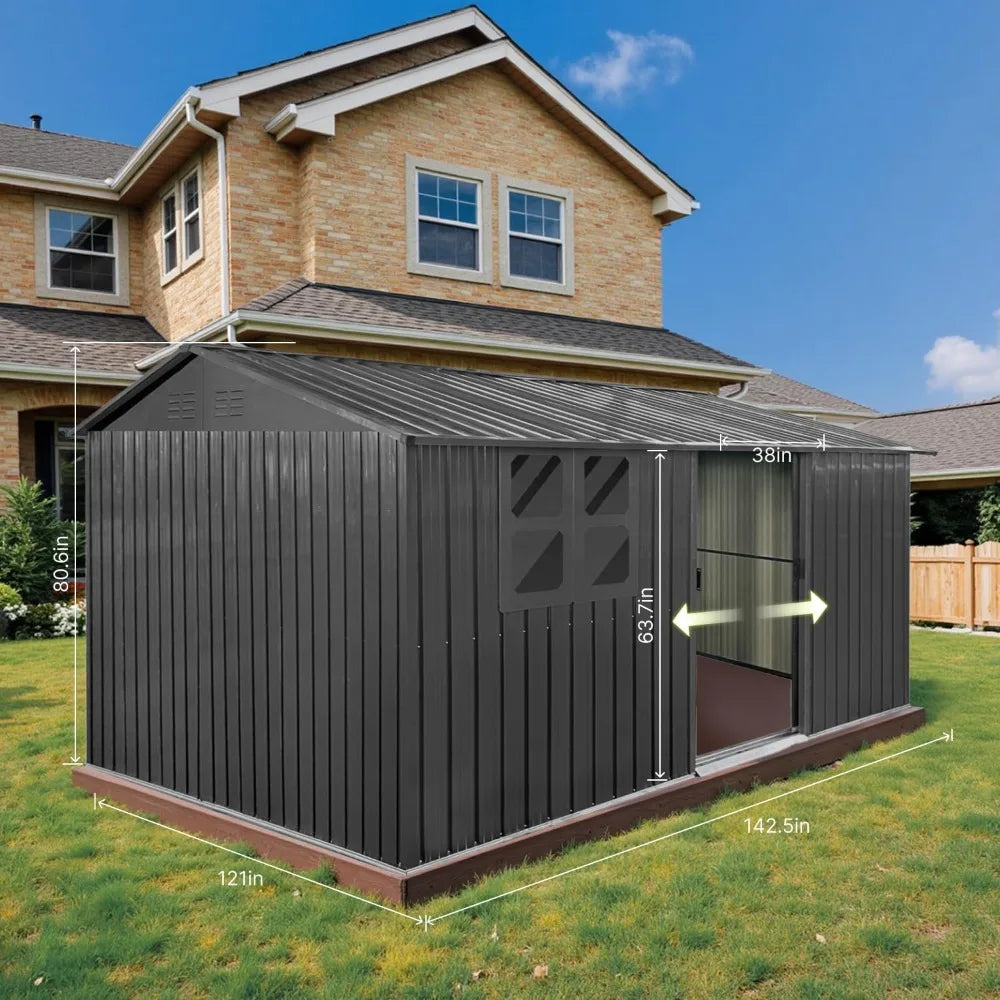 12 x 10 FT Outdoor Storage Shed, Metal Garden Tool Shed with Slooping Roof, Lockable Doors, All-Weather Bike Shed Easy to Assemb Good Vibrations