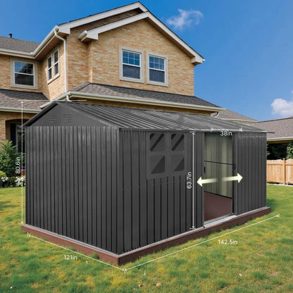12 x 10 FT Outdoor Storage Shed, Metal Garden Tool Shed with Slooping Roof, Lockable Doors, All-Weather Bike Shed Easy to Assemb Good Vibrations