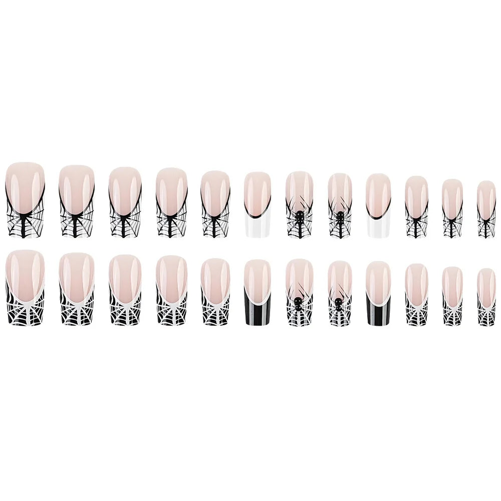 24pcs Halloween Press on Nails with Skull Black Spider Wed Design French Fake Nail Patch Full Cover Wearable False Nail Tips Good Vibrations