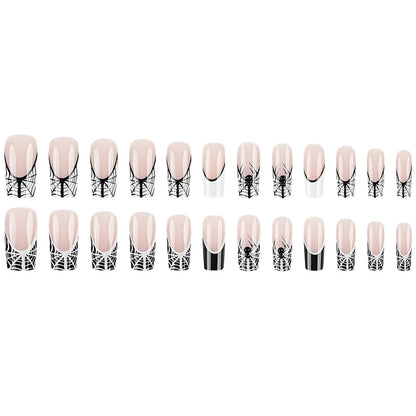 24pcs Halloween Press on Nails with Skull Black Spider Wed Design French Fake Nail Patch Full Cover Wearable False Nail Tips Good Vibrations