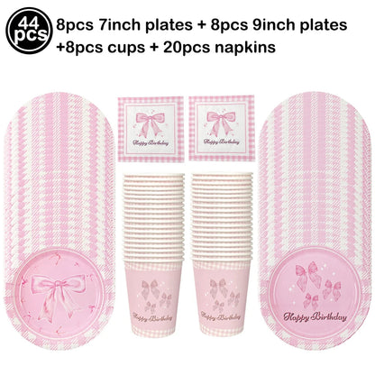 Pink Bow Birthday Party Supplies Disposable Bow Themed Tableware Set Engagement Wedding Girls Birthday Bachelorette Party Decor