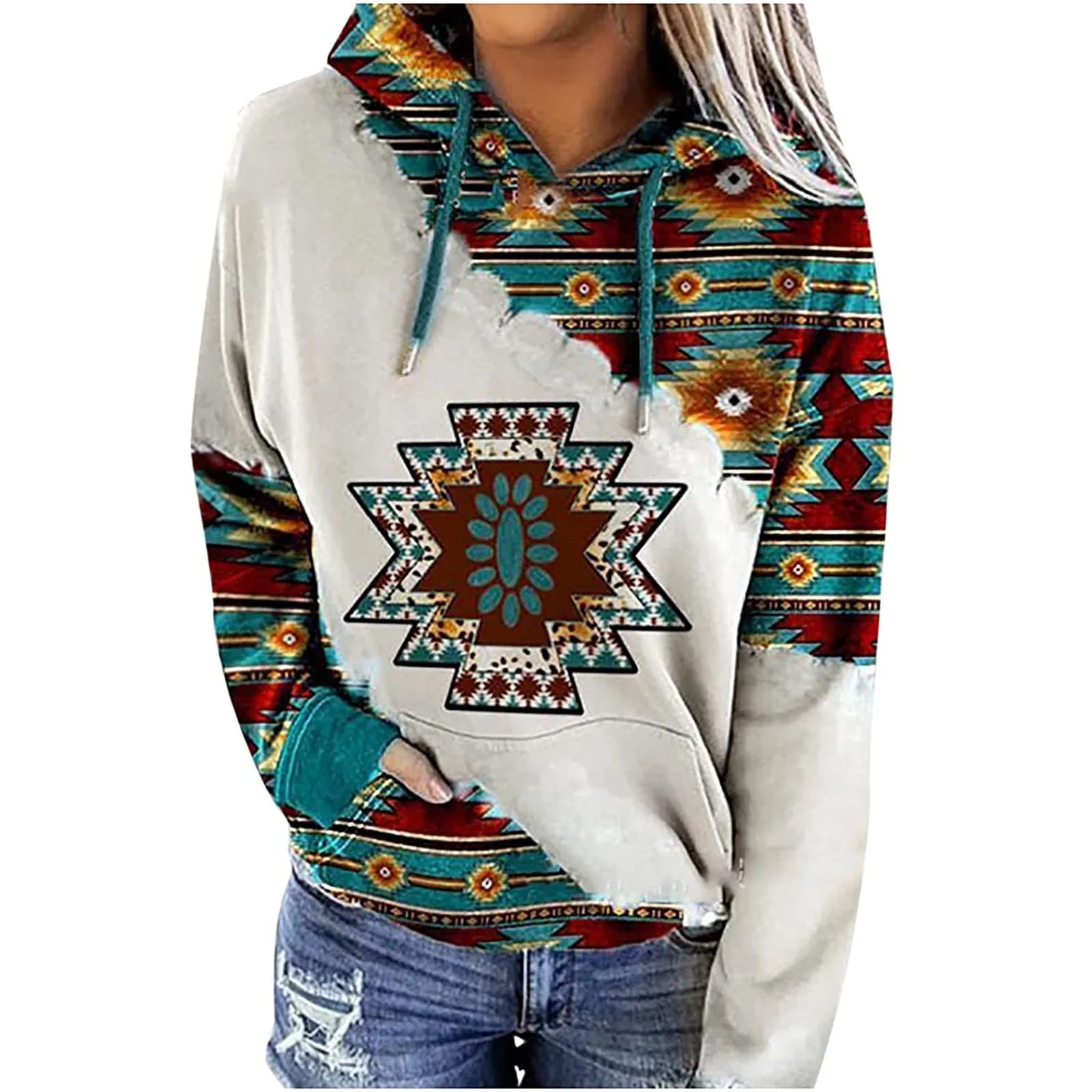 Womens Casual Geometric Horse Print Long Sleeve Drawstring Pullover Tops, Ethnic Style Hooded Sweatshirt Good Vibrations