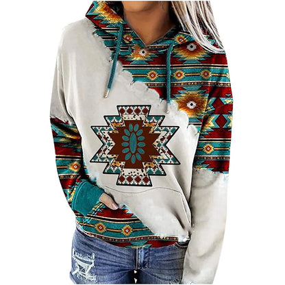 Womens Casual Geometric Horse Print Long Sleeve Drawstring Pullover Tops, Ethnic Style Hooded Sweatshirt Good Vibrations