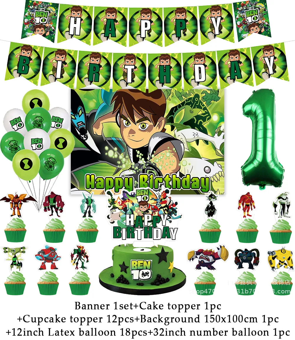 Cartoon Ben-10 Birthday Party Decoration Balloons Favor Set Banner Cake Toppers Baby Shower Boys Gift Party Supplies Photo Prop Good Vibrations