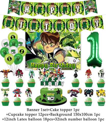 Cartoon Ben-10 Birthday Party Decoration Balloons Favor Set Banner Cake Toppers Baby Shower Boys Gift Party Supplies Photo Prop Good Vibrations