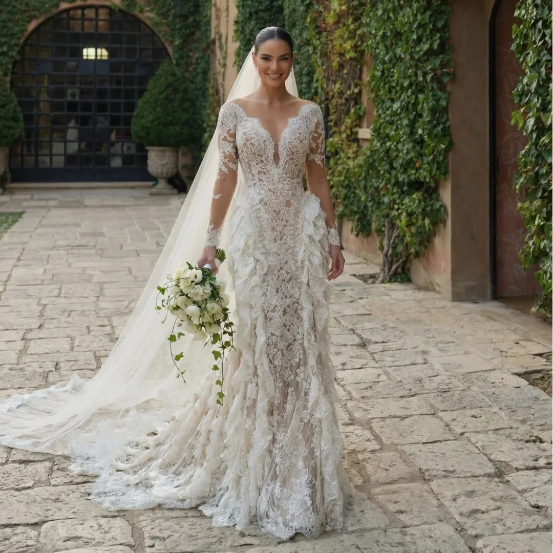Mermaid Wedding Dresses Long Sleeves Lace Ruffles Luxury Bridal Gown Ivory robe de mariée Formal Wedding Dress Customized Good Vibrations