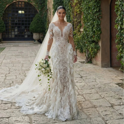 Mermaid Wedding Dresses Long Sleeves Lace Ruffles Luxury Bridal Gown Ivory robe de mariée Formal Wedding Dress Customized Good Vibrations