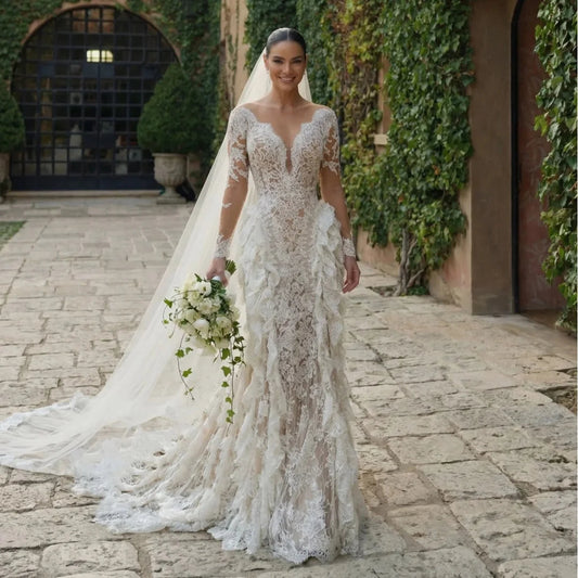 Mermaid Wedding Dresses Long Sleeves Lace Ruffles Luxury Bridal Gown Ivory robe de mariée Formal Wedding Dress Customized Good Vibrations