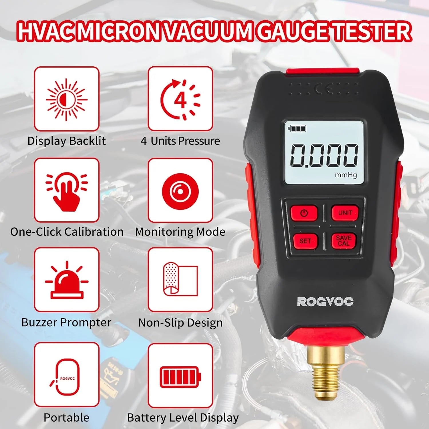 RV-VG90 Digital Vacuum Gauge, HVAC Micron Vacuum Gauge Tester, Digital Vacuum Micron Gauge Set with Buzzer Alarm Good Vibrations
