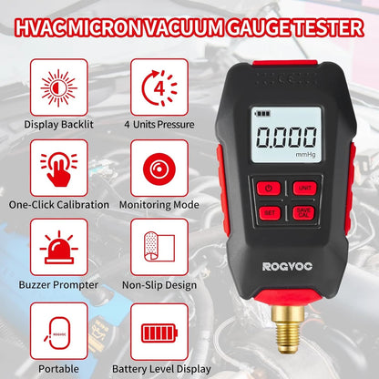 RV-VG90 Digital Vacuum Gauge, HVAC Micron Vacuum Gauge Tester, Digital Vacuum Micron Gauge Set with Buzzer Alarm Good Vibrations