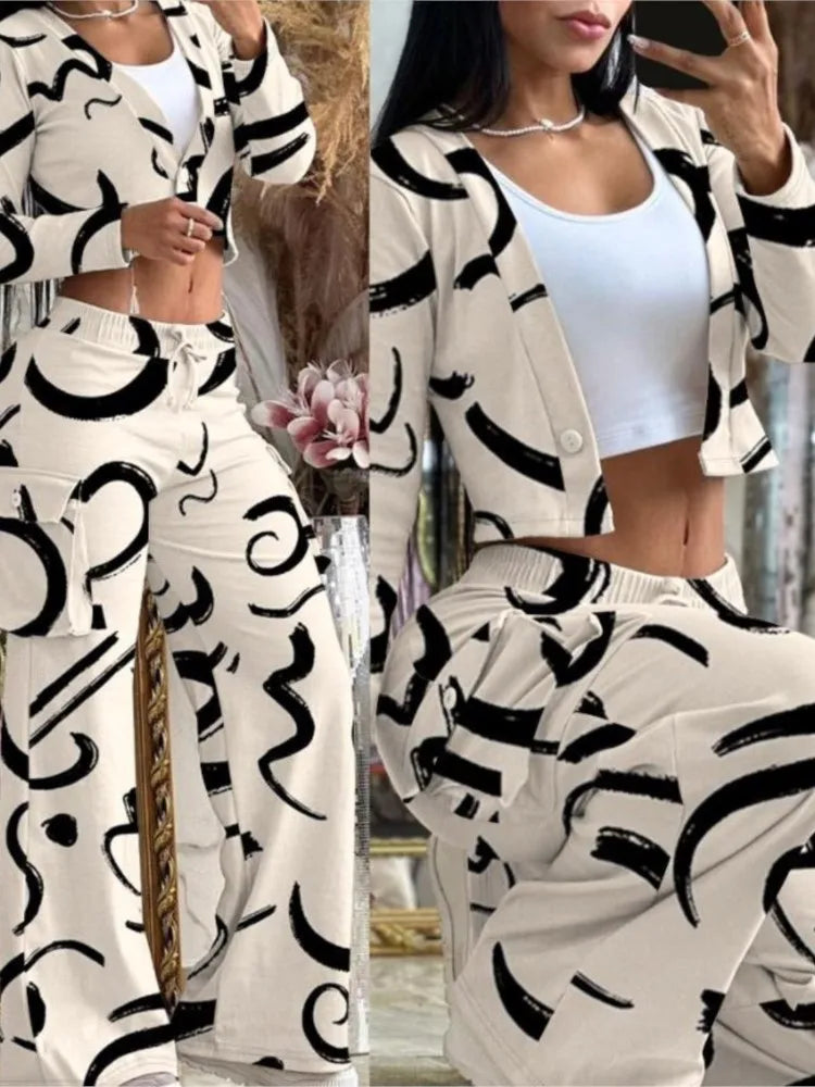Women's Spring Summer New Fashionable Solid Color Printed Sexy Waist Short Top Casual Pants Set For Women Good Vibrations
