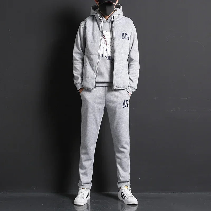 3 Pieces Set Hoodies+Vest+Pants Casual Men's Track Suit Clothing Coats Winter Thick Warm Tracksuit for Men Printed Mens Set Vest Good Vibrations