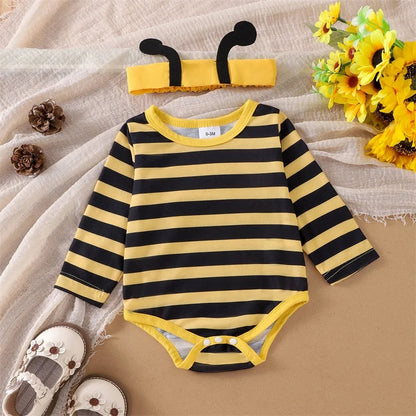 FOCUSNORM 3pcs Lovely Baby Girls Autumn Clothes Sets Flying Sleeve Solid/Striped Romper Embroidery Suspender Dress Headband Good Vibrations