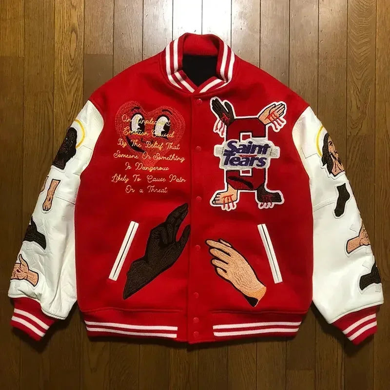 American Fashion Trendy Brand High-density Letter Cartoon Embroidered Red Baseball Uniform Clothing For Men And Women Jacket Good Vibrations