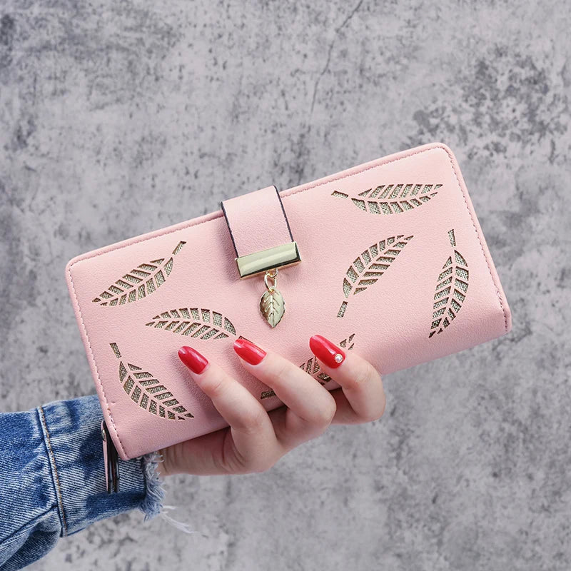 2024 new women's purse sweet lady PU leather horizontal zipper women's medium long hollow leaf purse Good Vibrations