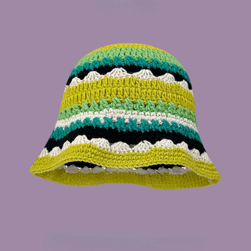 2024 Spring New Crochet Hat Korean Handmade Bucket Hat Women's Weaving Knitted Hat Y2k Fashion Flowers Autumn Winter Ins Beanies Good Vibrations