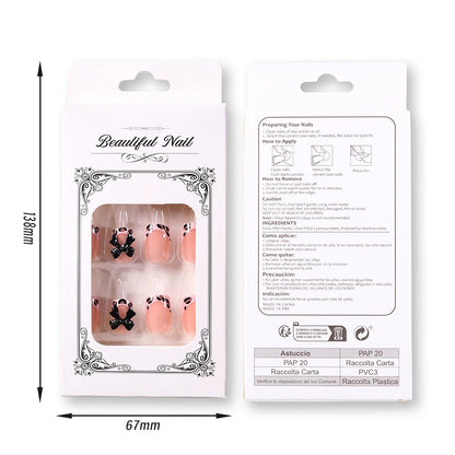 24Pcs Pink Leopard Print French Tips False Nails Short Square Head 3D Black Bowknot Fake Nails Acrylic Full Cover Press on Nails Good Vibrations