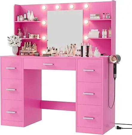 Vanity Desk with Mirror, LED Lights and Power Outlet Makeup Vanity Table with 7 Drawers and 6 Storage Shelves Dressing Table fo Good Vibrations