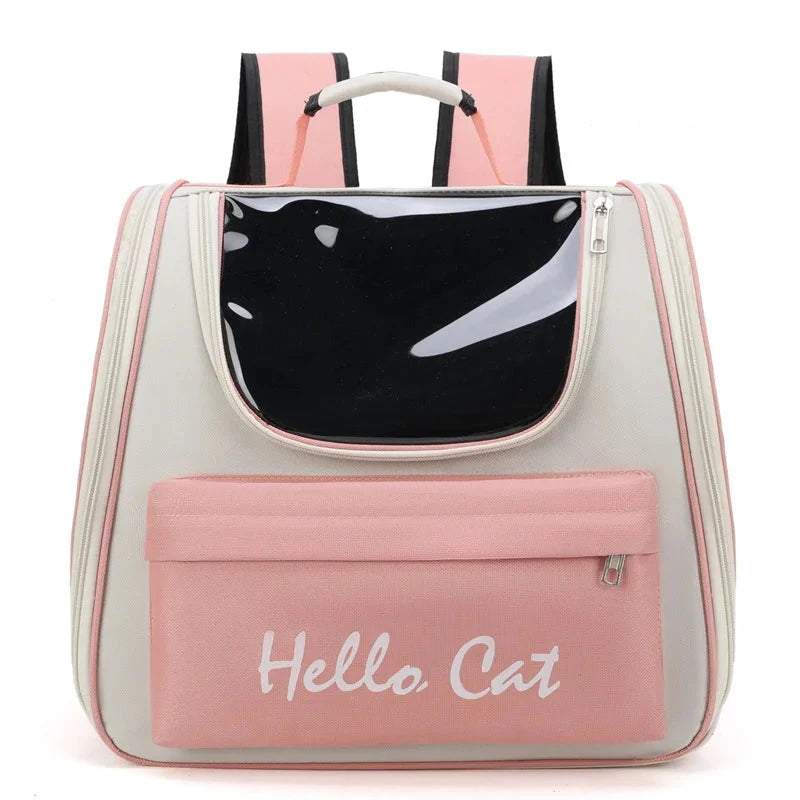 Pet Carrier Backpack with "Hello Cat" Lettering and Transparent Window Breathable Pocket Comfortable Cat & Dog Travel Backpack Good Vibrations