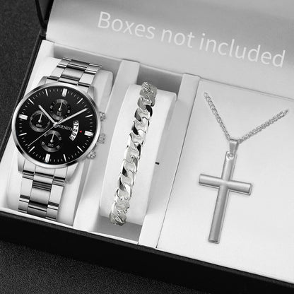 3PCS Men's Watch Set Business Trend Classic Round Dial Quartz Watch Bracelet Necklace Set Perfect Gift for Friends or Dad Good Vibrations