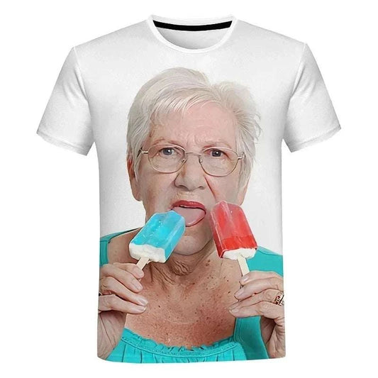 Humorous T-shirt Granny Licking Popsicles - Fashion Style