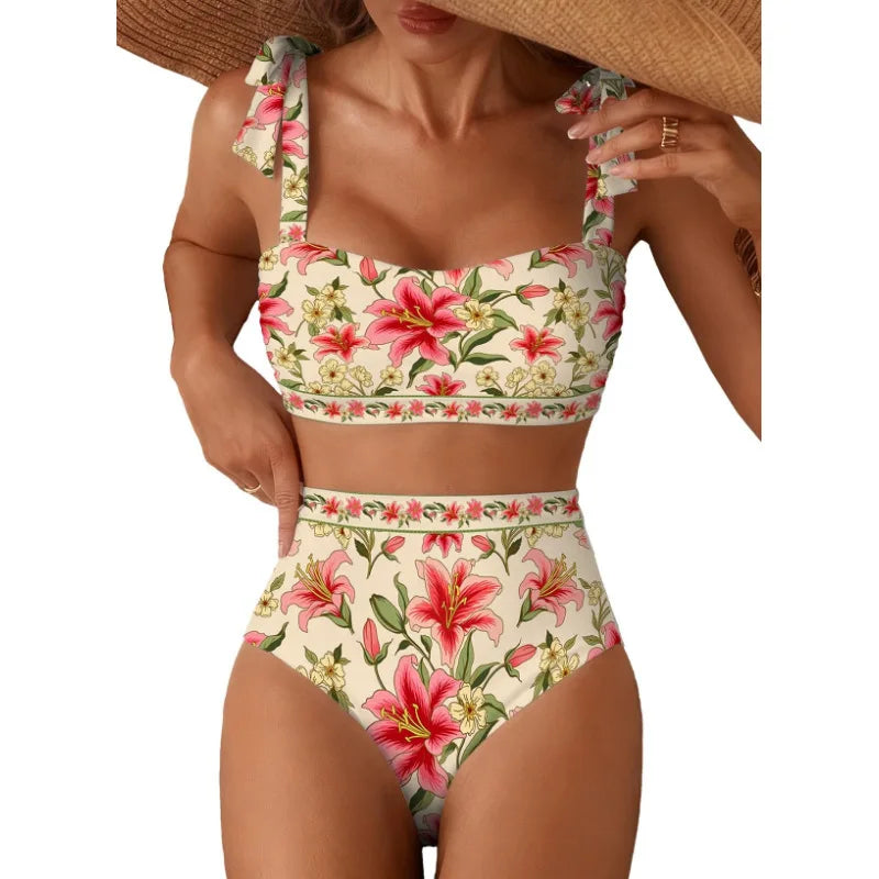 Women's 2026 Two Piece Bikini Set Striped High Waist Tie Shoulder Swimsuit Summer Beachwear Good Vibrations