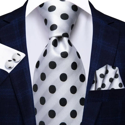 Men's Ties White Sliver Hanky Cufflinks Set Silk Neck ties For Men Wedding Party Business Mens Tie 2022 New Fashion Brand Hi-Tie Good Vibrations