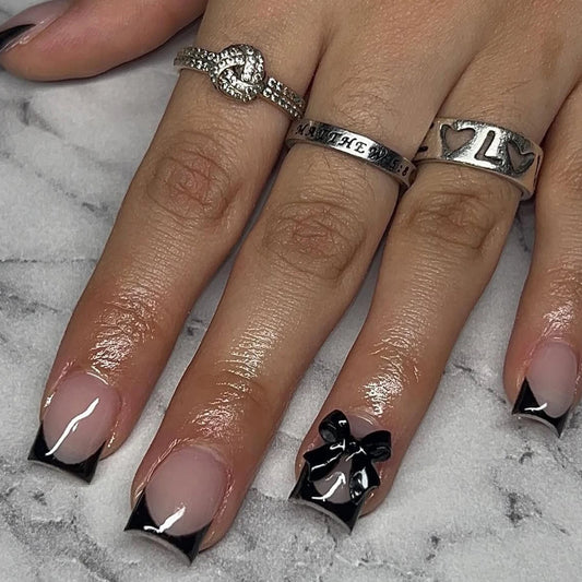 24pcs Press on Nails Short Almond Bowknot Black Press on Nails White Pearl Sweet French Tip Press on Nails Cute Nail Artificial Good Vibrations