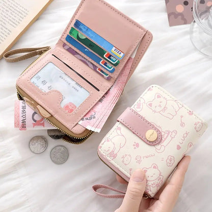 Cute Cat Coin Purse Women Fashion Short Wallet PU Leather Large Capacity Wallet Lightweight ID Card Holder Travel Cash Coin Bag Good Vibrations