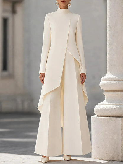 Woman's Autumn Stand Collar Top With Wide Leg Pants Two-piece Set Fashion Solid Irregular Long Top Suit Lady Chic Office Outfit Good Vibrations
