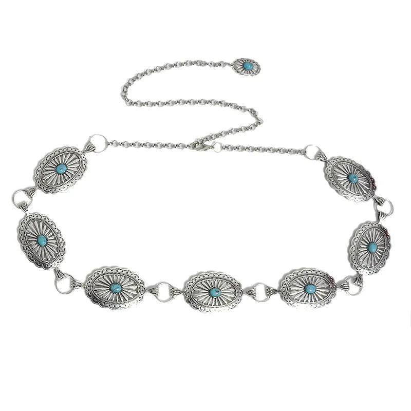 Retro New Women's Belt Casual Retro Oval Texture Buckle Decoration Metal Chain Waist Chain Good Vibrations