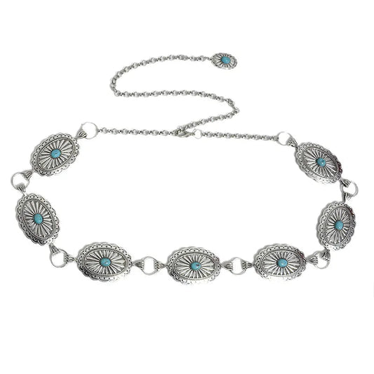 Retro New Women's Belt Casual Retro Oval Texture Buckle Decoration Metal Chain Waist Chain Good Vibrations