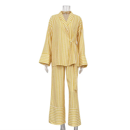 Women's Two-piece Set  Autumn New Striped Long-sleeved Loose Lace-up Top High-waisted Trousers Fashion Casual Suit for Women Good Vibrations