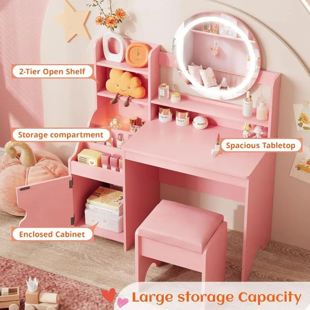 Kids Vanity with Lights, Princess Makeup Vanity Desk with Open Bookshelf, Storage Cabinet & Shelves, Toddler Vanity Tabl Good Vibrations