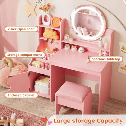 Kids Vanity with Lights, Princess Makeup Vanity Desk with Open Bookshelf, Storage Cabinet & Shelves, Toddler Vanity Tabl Good Vibrations
